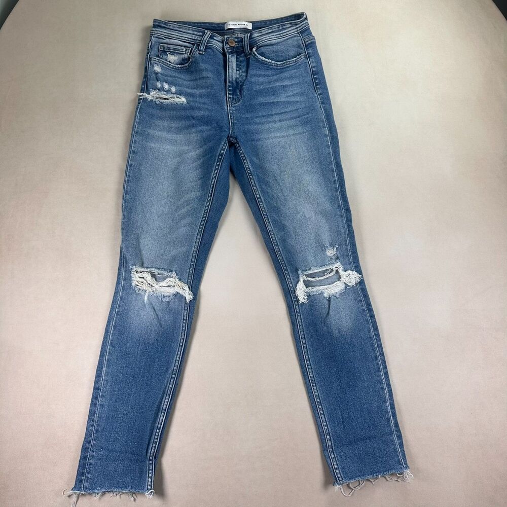 Flying Monkey Womens 27 Distressed Skinny Jeans Stretch Raw Hem Medium Wash